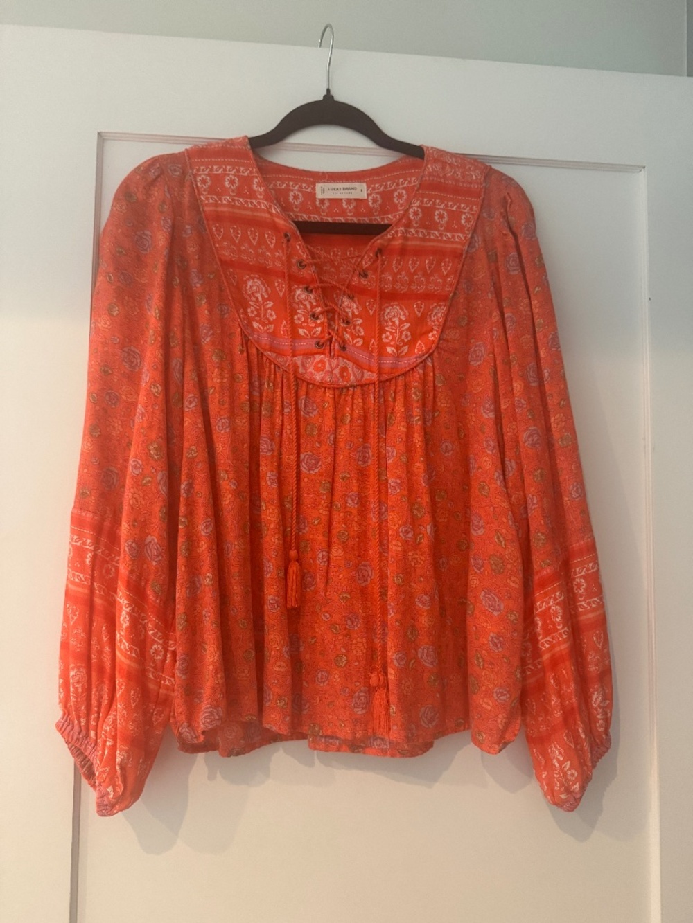 Lucky Brand Lace-Up Border Print Peasant Blouse, Small